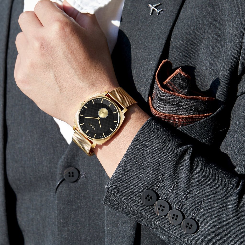 TRNDA SQUARE GOLD STAINLESS STEEL MESH WATCH - TIMELESS BLACK DIAL FOR MEN