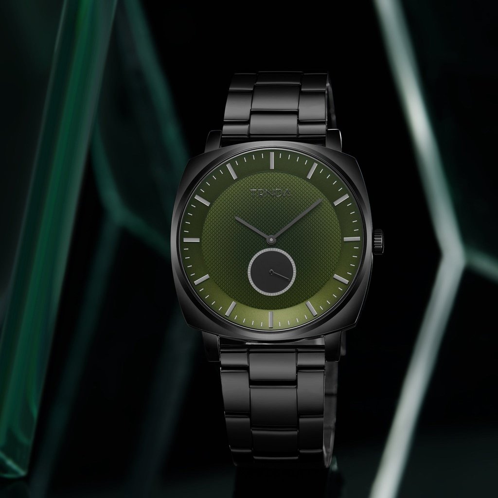 TRNDA MEN'S SQUARE BLACK STAINLESS STEEL WATCH - SEAWEED GREEN DIAL, TRENDY & DURABLE