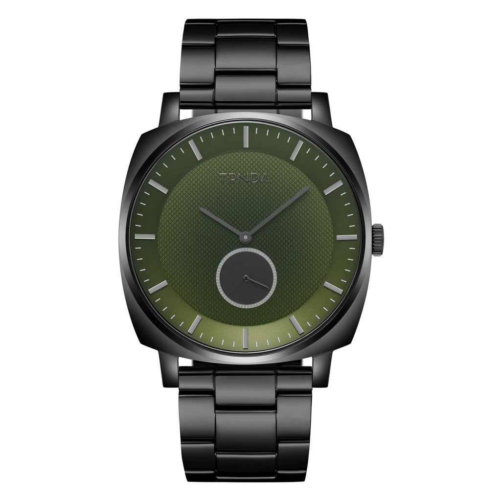 TRNDA MEN'S SQUARE BLACK STAINLESS STEEL WATCH - SEAWEED GREEN DIAL, TRENDY & DURABLE