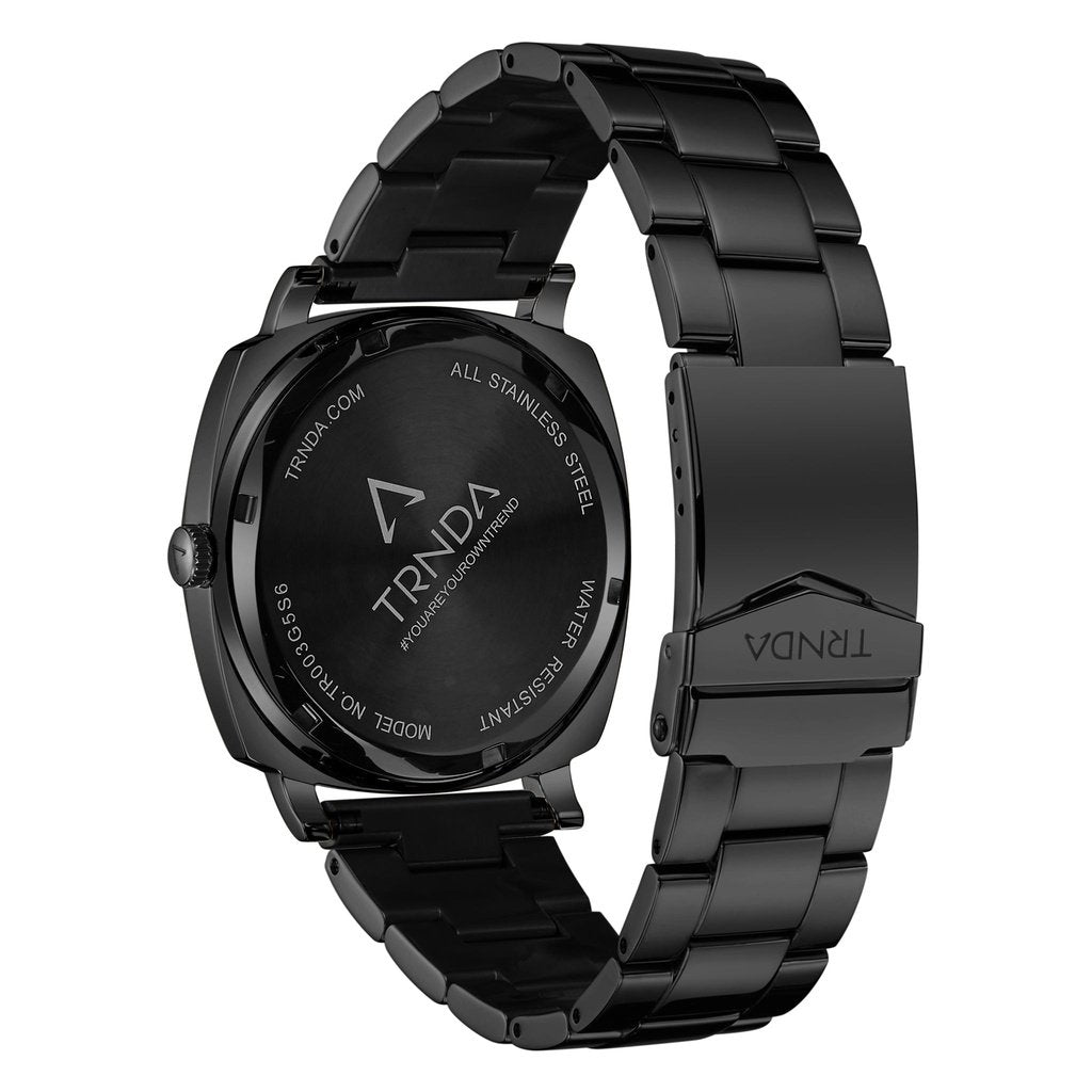 TRNDA MEN'S SQUARE BLACK STAINLESS STEEL WATCH - SEAWEED GREEN DIAL, TRENDY & DURABLE