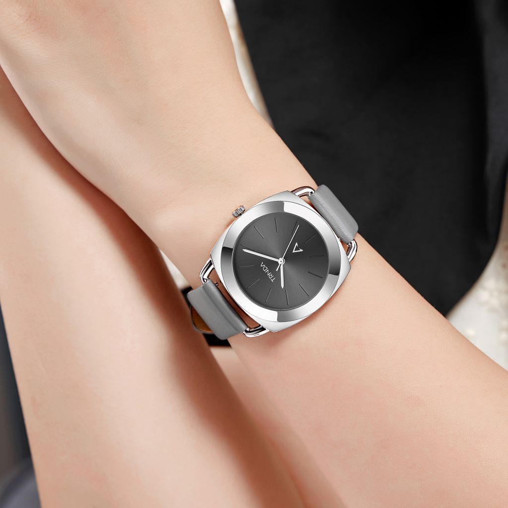 TRNDA Women's Watch with Silver Stainless Steel Case and Gray Leather Band