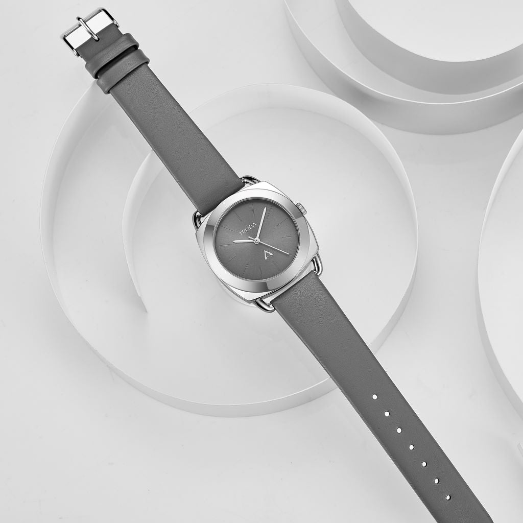 TRNDA Women's Watch with Silver Stainless Steel Case and Gray Leather Band