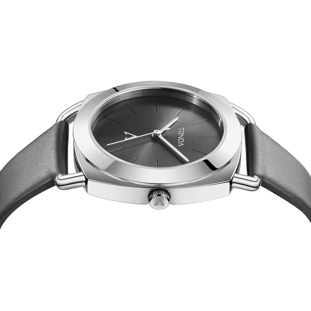 TRNDA Women's Watch with Silver Stainless Steel Case and Gray Leather Band