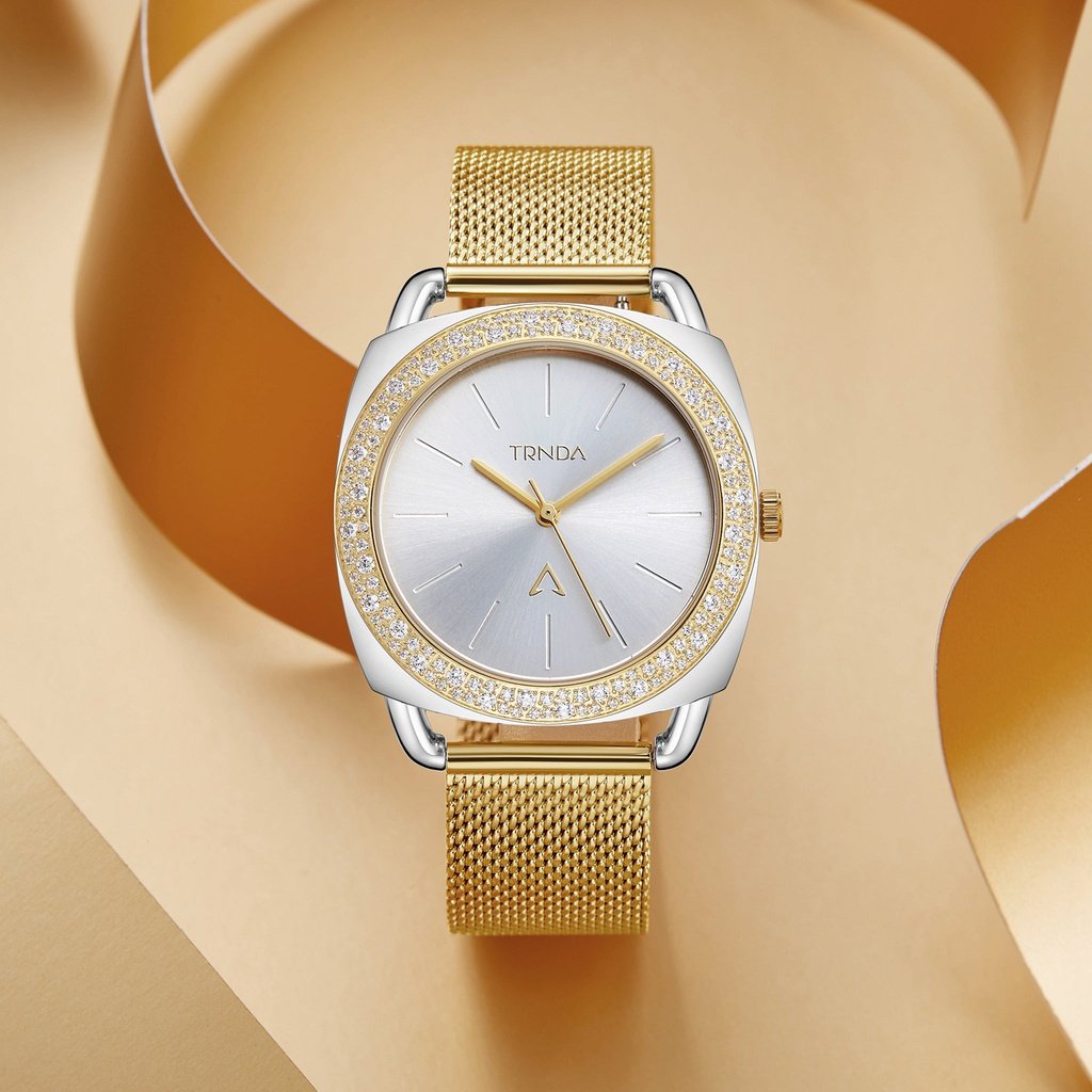 TRNDA Women's Watch with Silver Stainless Steel Case and Gold Stainless Steel Band