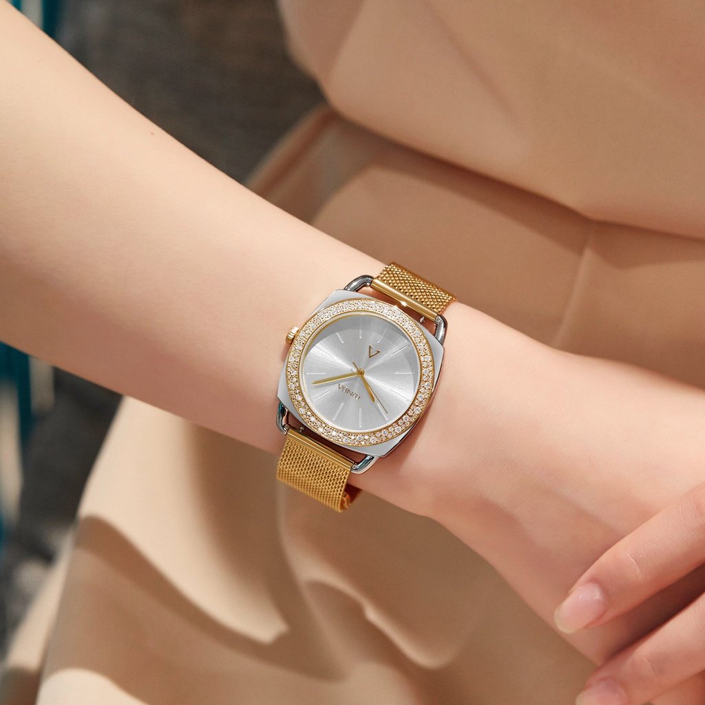 TRNDA Women's Watch with Silver Stainless Steel Case and Gold Stainless Steel Band