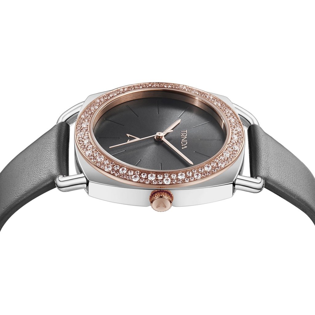 TRNDA Women's Watch with Silver Stainless Steel Case and Gray Leather Band