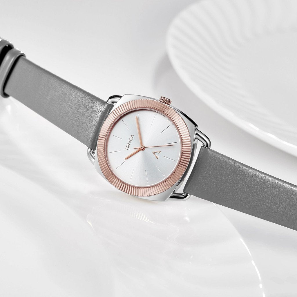 TRNDA Women's Watch with Silver Stainless Steel Case and Gray Leather Band