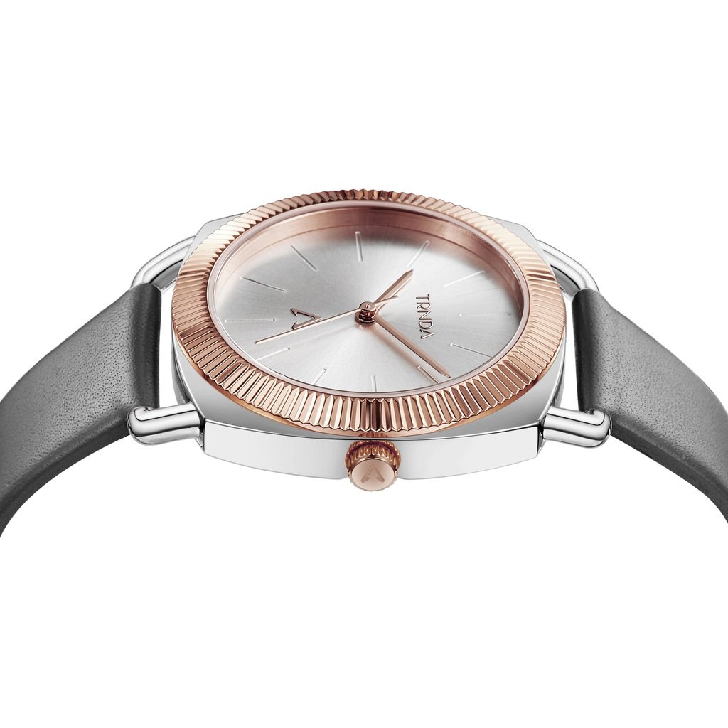 TRNDA Women's Watch with Silver Stainless Steel Case and Gray Leather Band