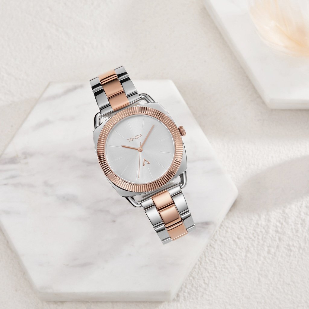 TRNDA Women's Watch with Silver Stainless Steel Case and Silver & Rose Gold Stainless Steel Band