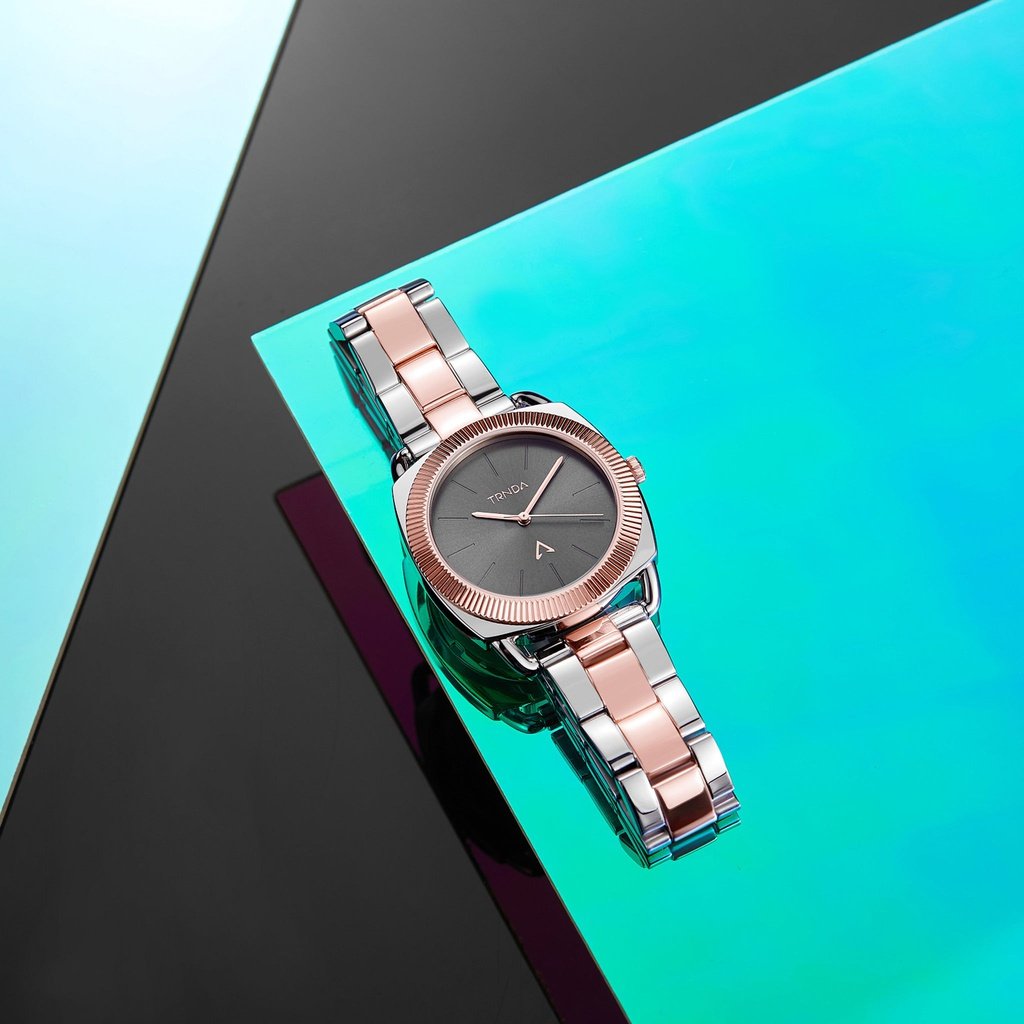 TRNDA Women's Watch with Silver Stainless Steel Case and Silver & Rose Gold Stainless Steel Band