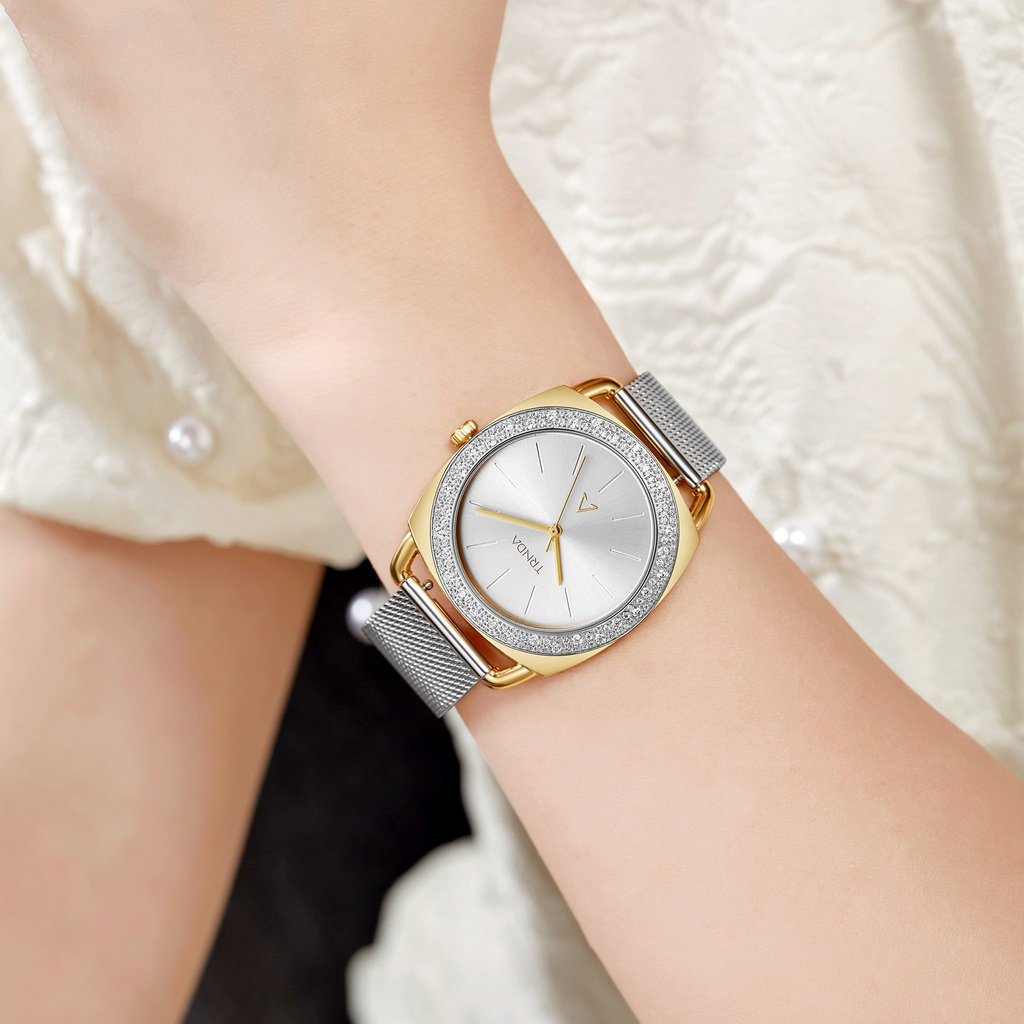 TRNDA Women's Watch with Gold Stainless Steel Case and Silver Stainless Steel Band