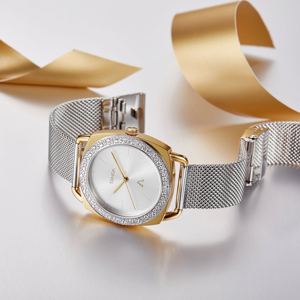 TRNDA Women's Watch with Gold Stainless Steel Case and Silver Stainless Steel Band