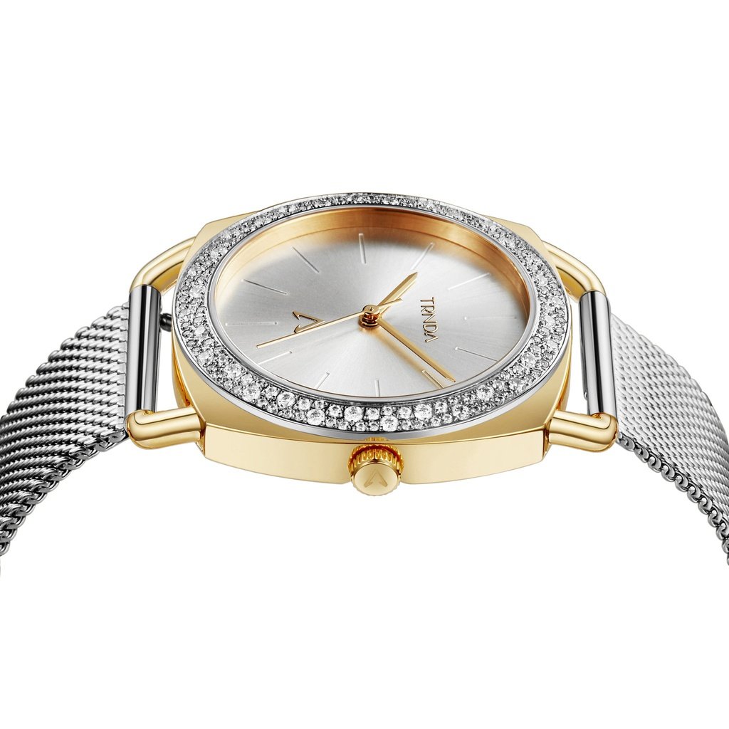 TRNDA Women's Watch with Gold Stainless Steel Case and Silver Stainless Steel Band