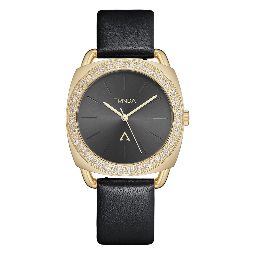 TRNDA Women's Watch with Gold Stainless Steel Case and Black Leather Band