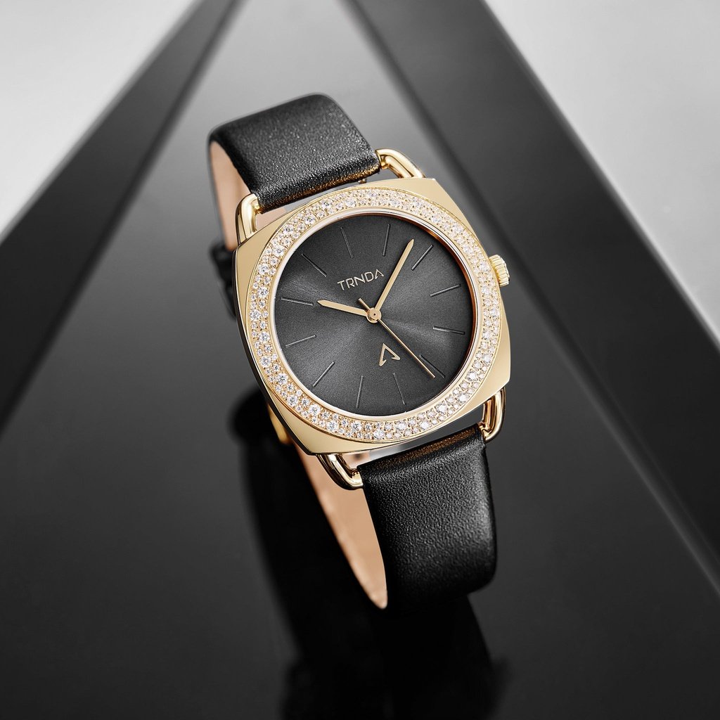 TRNDA Women's Watch with Gold Stainless Steel Case and Black Leather Band