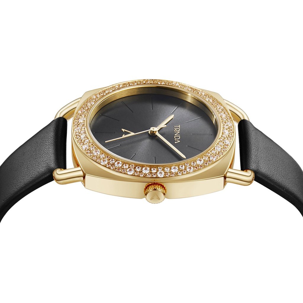 TRNDA Women's Watch with Gold Stainless Steel Case and Black Leather Band
