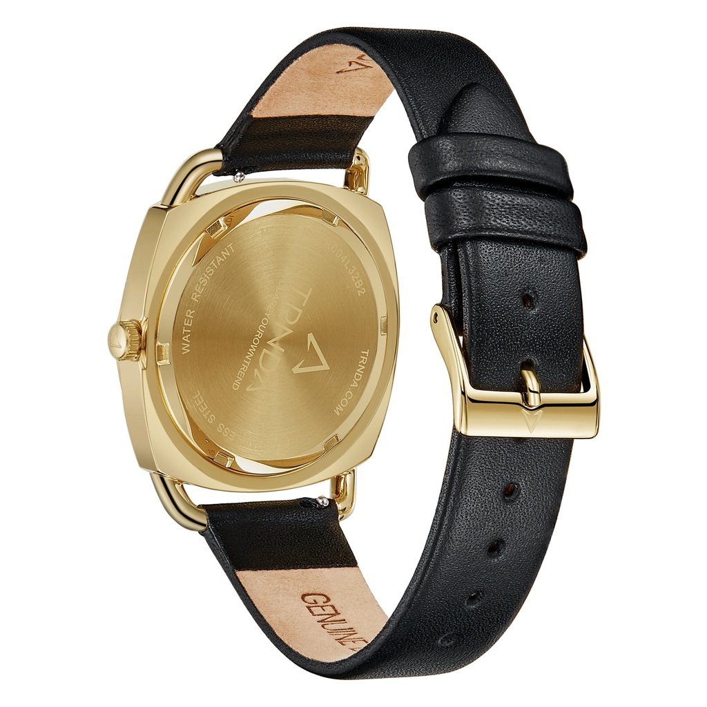 TRNDA Women's Watch with Gold Stainless Steel Case and Black Leather Band