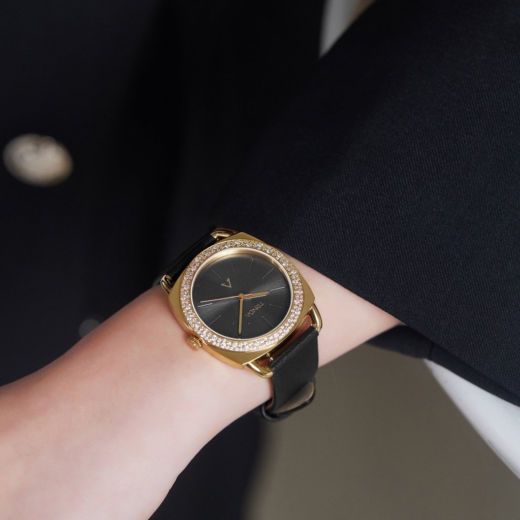 TRNDA Women's Watch with Gold Stainless Steel Case and Black Leather Band