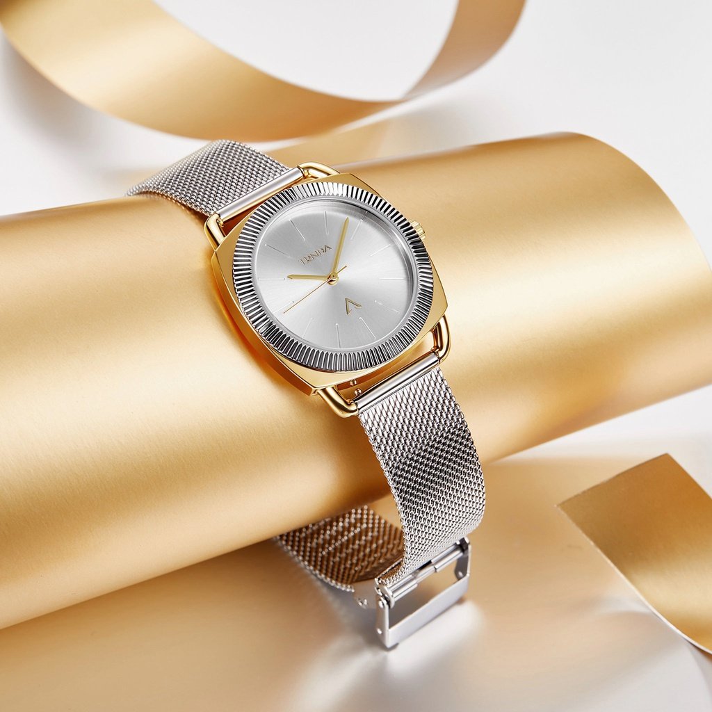 TRNDA Women's Watch with Gold Stainless Steel Case and Silver Stainless Steel Band