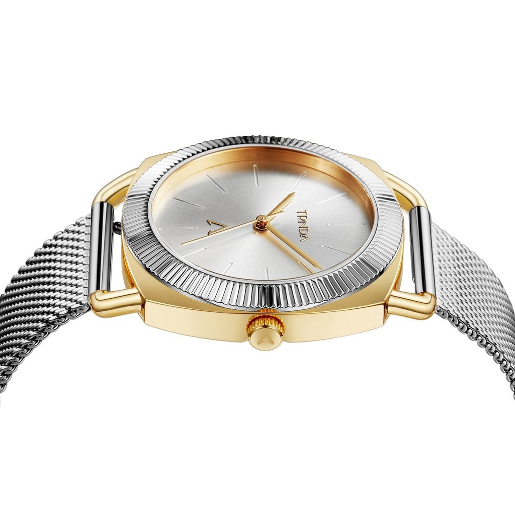TRNDA Women's Watch with Gold Stainless Steel Case and Silver Stainless Steel Band