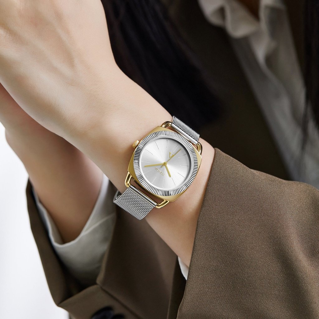 TRNDA Women's Watch with Gold Stainless Steel Case and Silver Stainless Steel Band