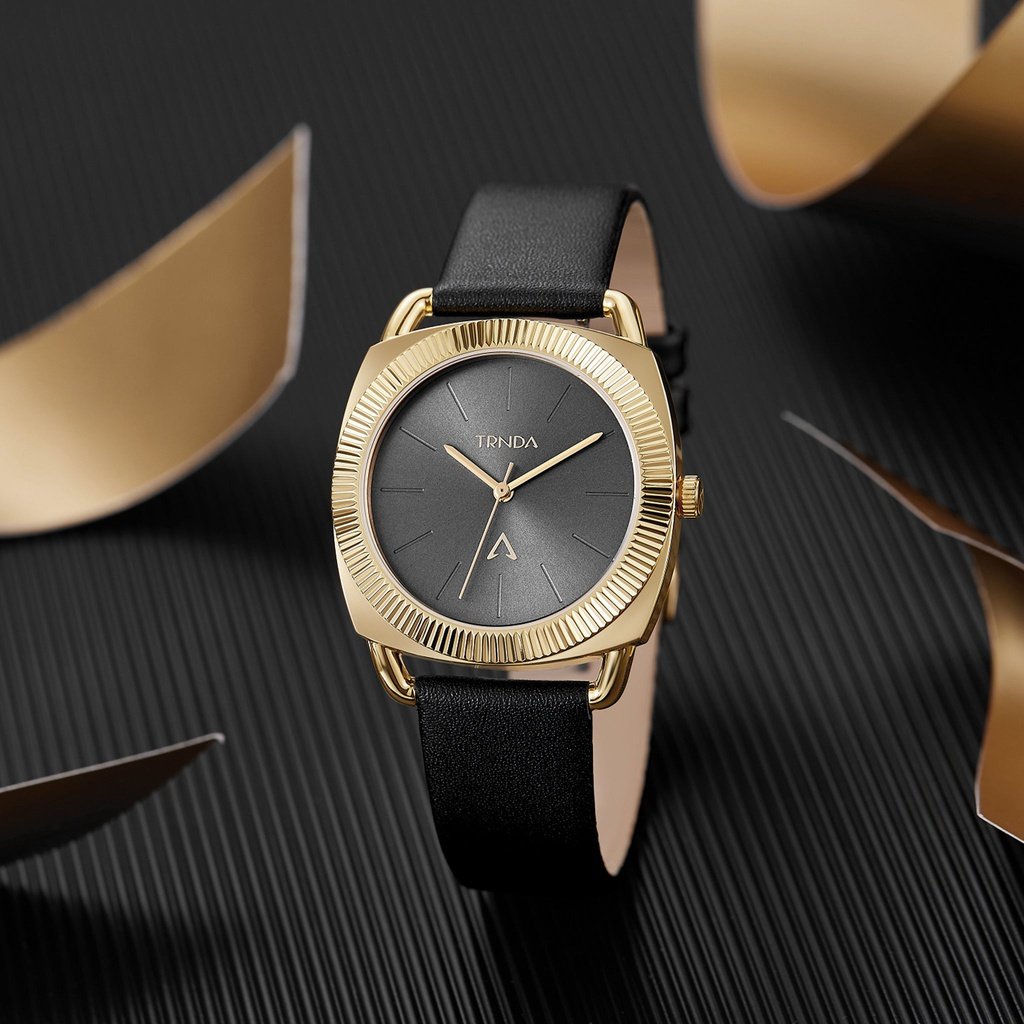 TRNDA Women's Watch with Gold Stainless Steel Case and Black Leather Band