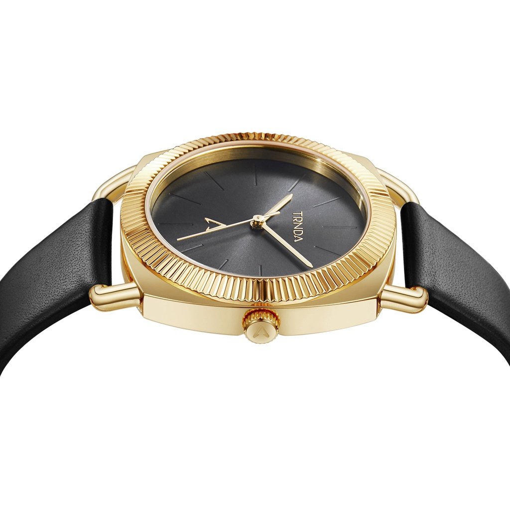 TRNDA Women's Watch with Gold Stainless Steel Case and Black Leather Band