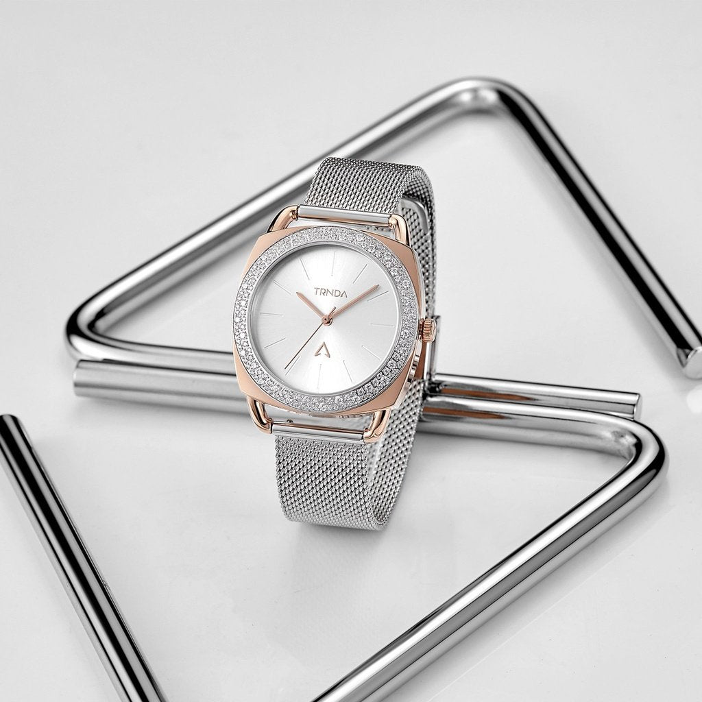 TRNDA Women's Watch with Rose Gold Stainless Steel Case and Silver Stainless Steel Band