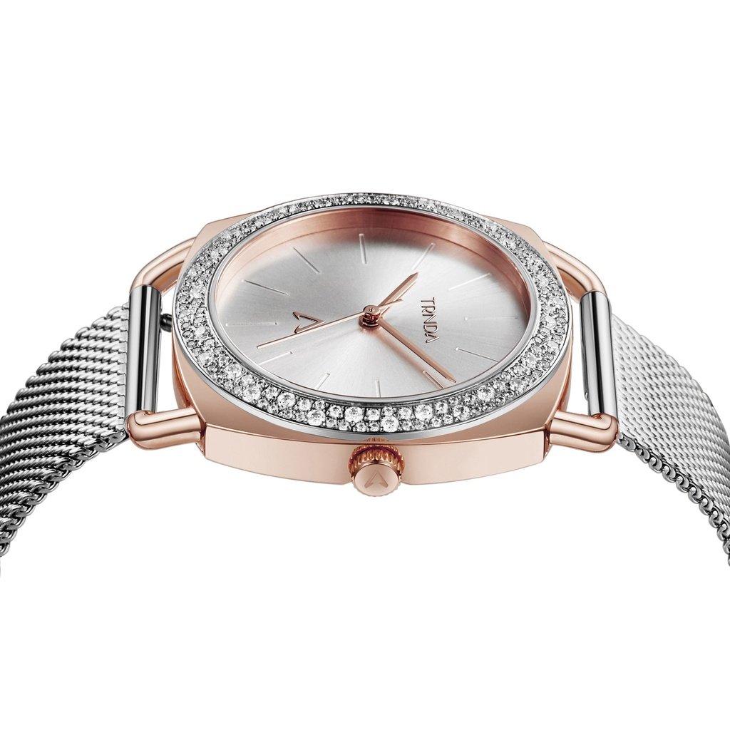 TRNDA Women's Watch with Rose Gold Stainless Steel Case and Silver Stainless Steel Band