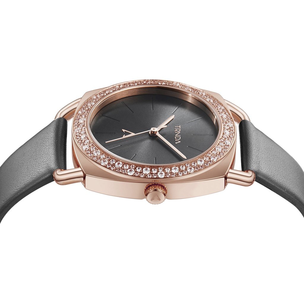 TRNDA Women's Watch with Rose Gold Stainless Steel Case and Gray Leather Band