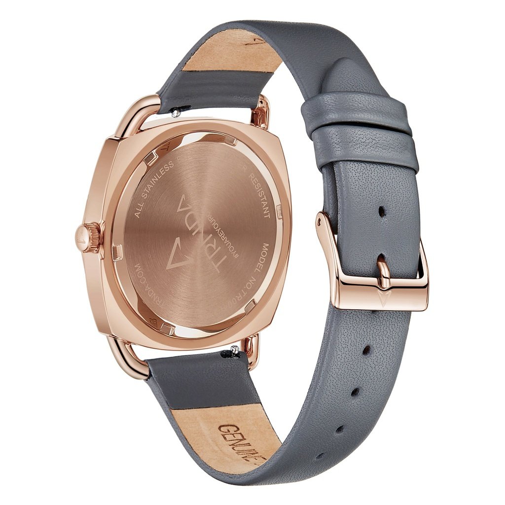 TRNDA Women's Watch with Rose Gold Stainless Steel Case and Gray Leather Band