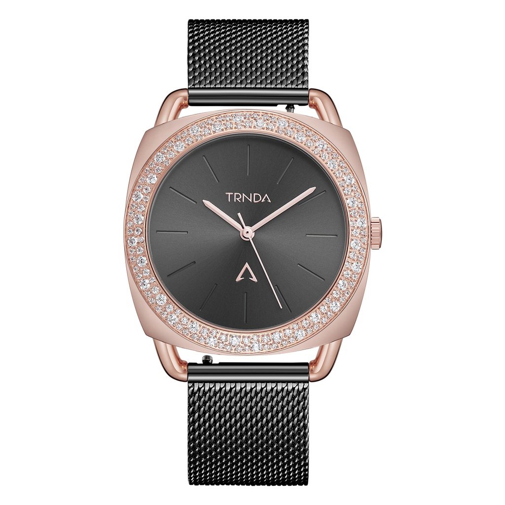 TRNDA Women's Watch with Rose Gold Stainless Steel Case and Black Stainless Steel Band