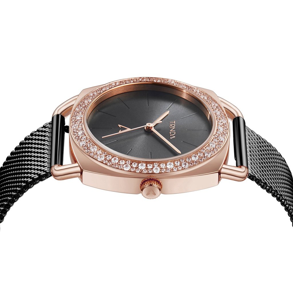 TRNDA Women's Watch with Rose Gold Stainless Steel Case and Black Stainless Steel Band