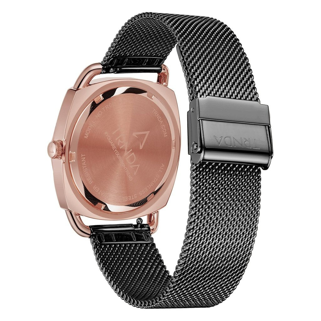 TRNDA Women's Watch with Rose Gold Stainless Steel Case and Black Stainless Steel Band