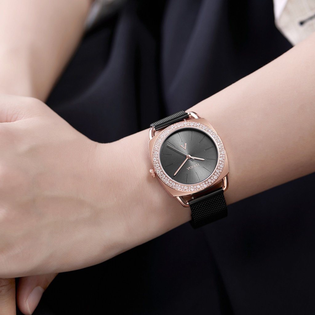 TRNDA Women's Watch with Rose Gold Stainless Steel Case and Black Stainless Steel Band