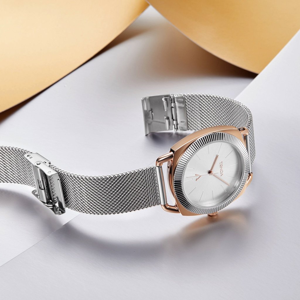 TRNDA Women's Watch with Rose Gold Stainless Steel Case and Silver Stainless Steel Band