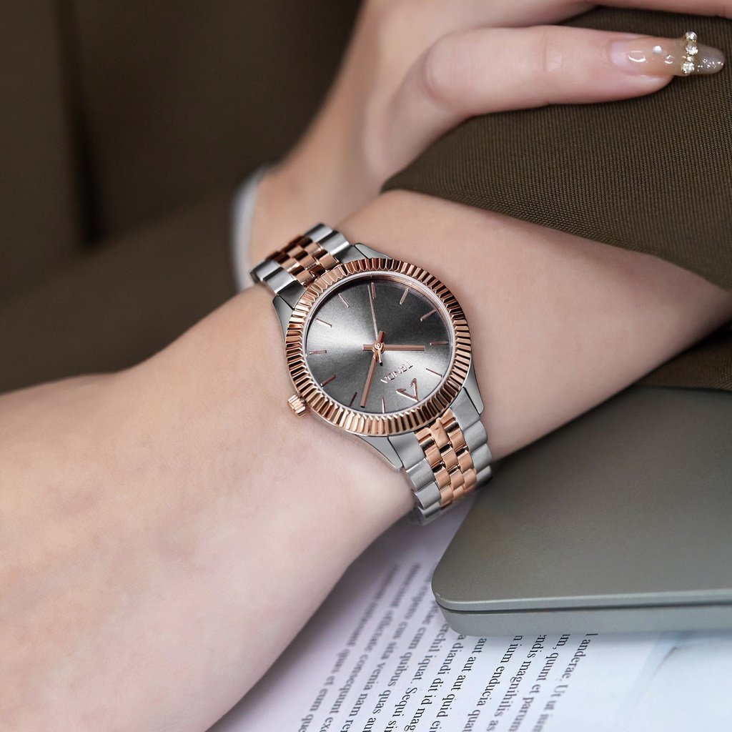 TRNDA Women's Watch with Silver Stainless Steel Case and Silver & Rose Gold Stainless Steel Band