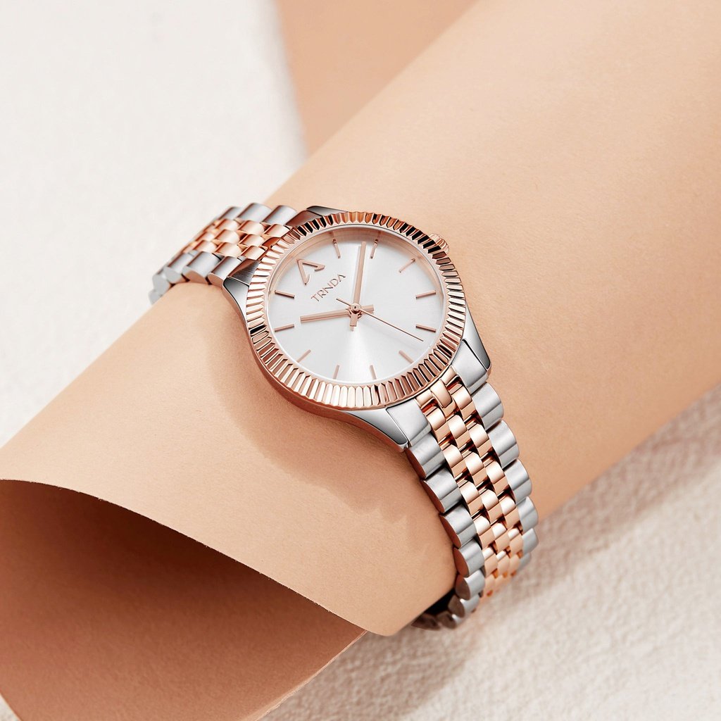 TRNDA Women's Watch with Silver Stainless Steel Case and Silver & Rose Gold Stainless Steel Band