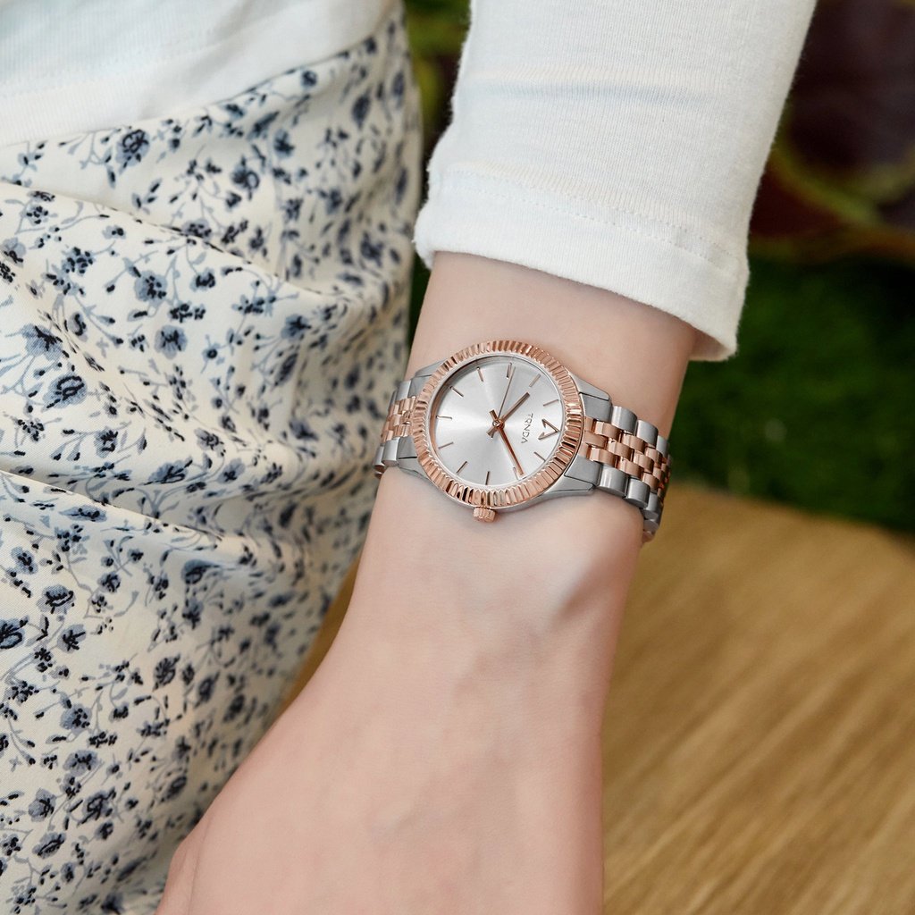 TRNDA Women's Watch with Silver Stainless Steel Case and Silver & Rose Gold Stainless Steel Band