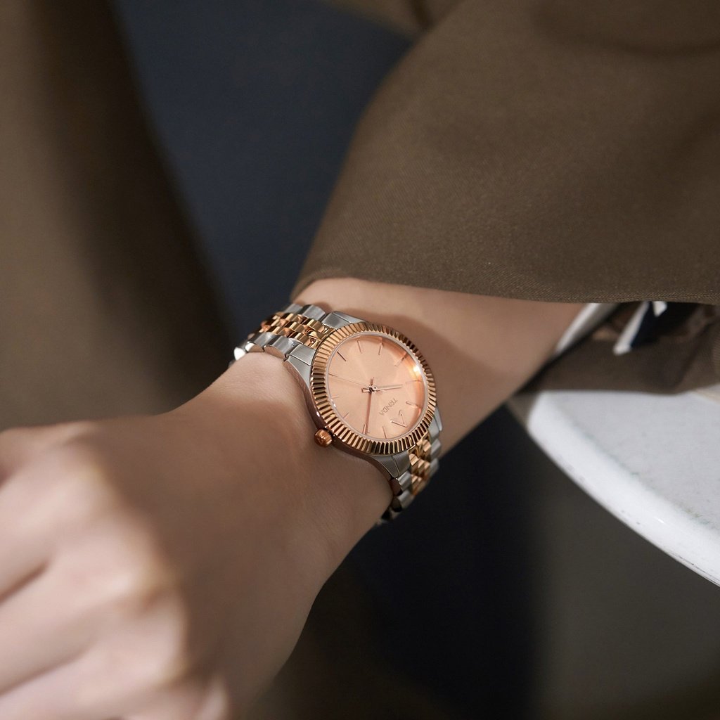 TRNDA Women's Watch with Silver Stainless Steel Case and Silver & Rose Gold Stainless Steel Band
