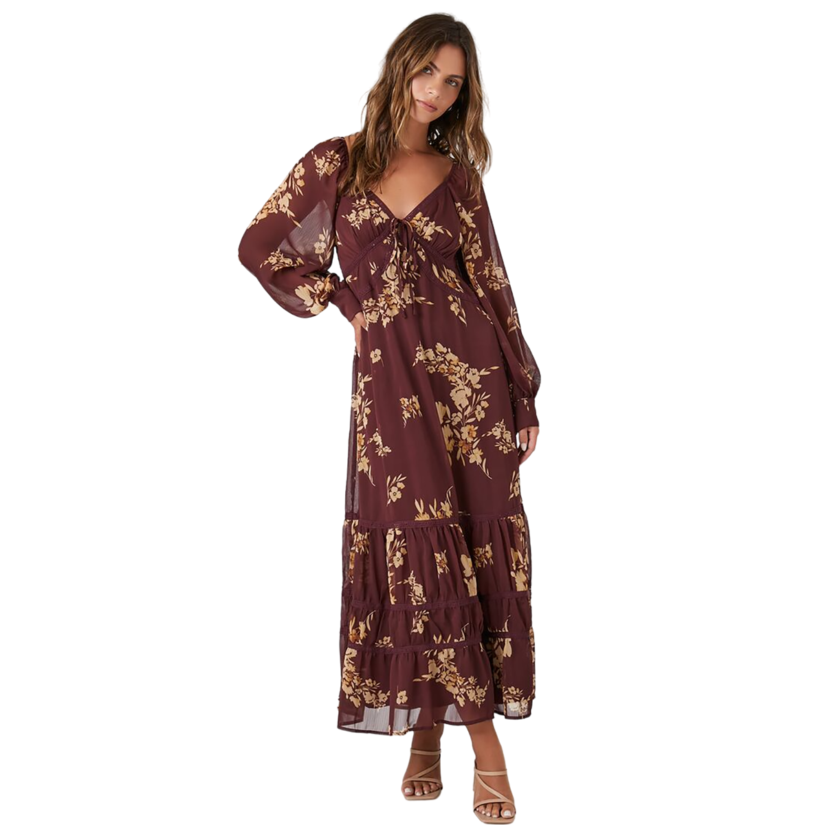 فور ايفر 21 - فستان شيفون ميدي بطبعة زهور للنساء - بيعت من قبل اف اي جي