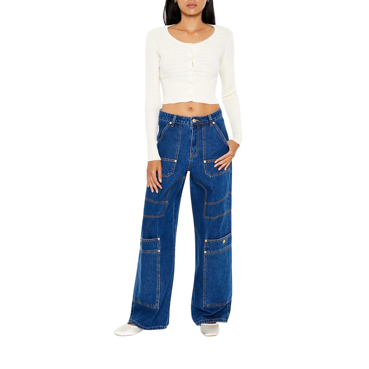 فور ايفر 21 - بنطال جينز كارجو واسع الساق للنساء - بيعت من قبل اف اي جي