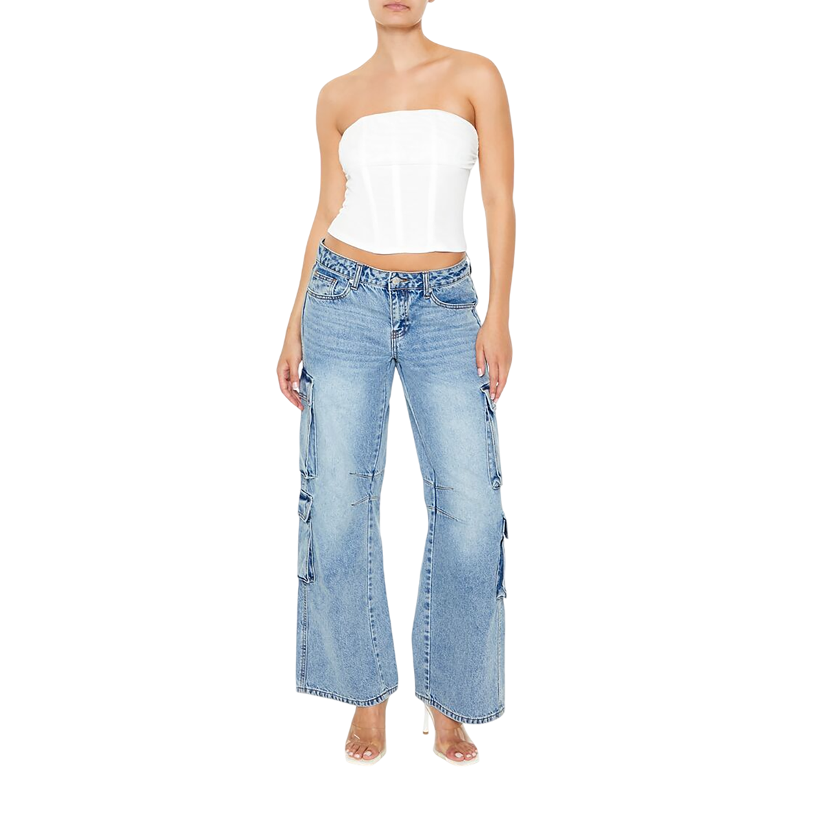 فور ايفر 21 - بنطال جينز كارجو واسع الساق للنساء - بيعت من قبل اف اي جي