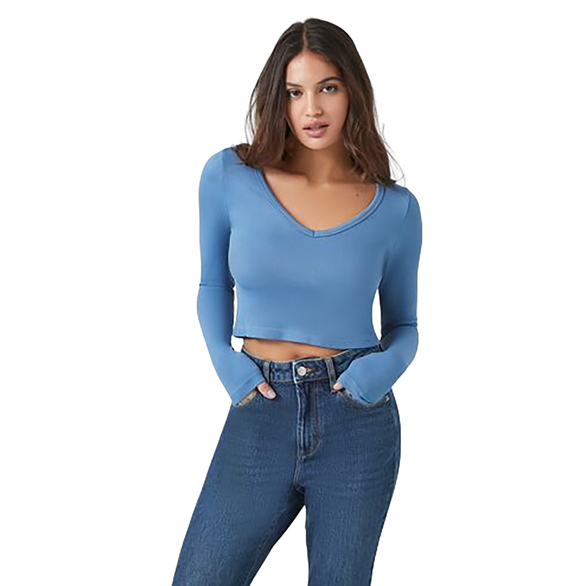 فوريفر 21 - كروب توب قصيرة بأكمام طويلة بدون خياطة - بيعت من قبل اف اي جي