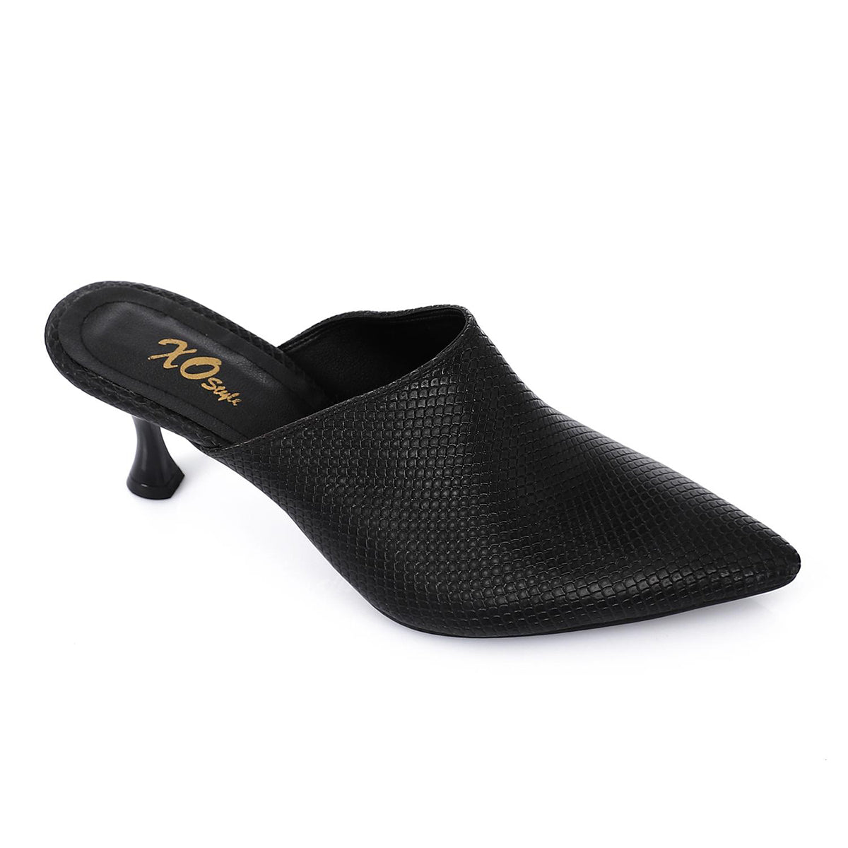 XO -  Women - 's High Heel Mule Sandals Elegant Pointed Toe, Faux Leather Texture, Black