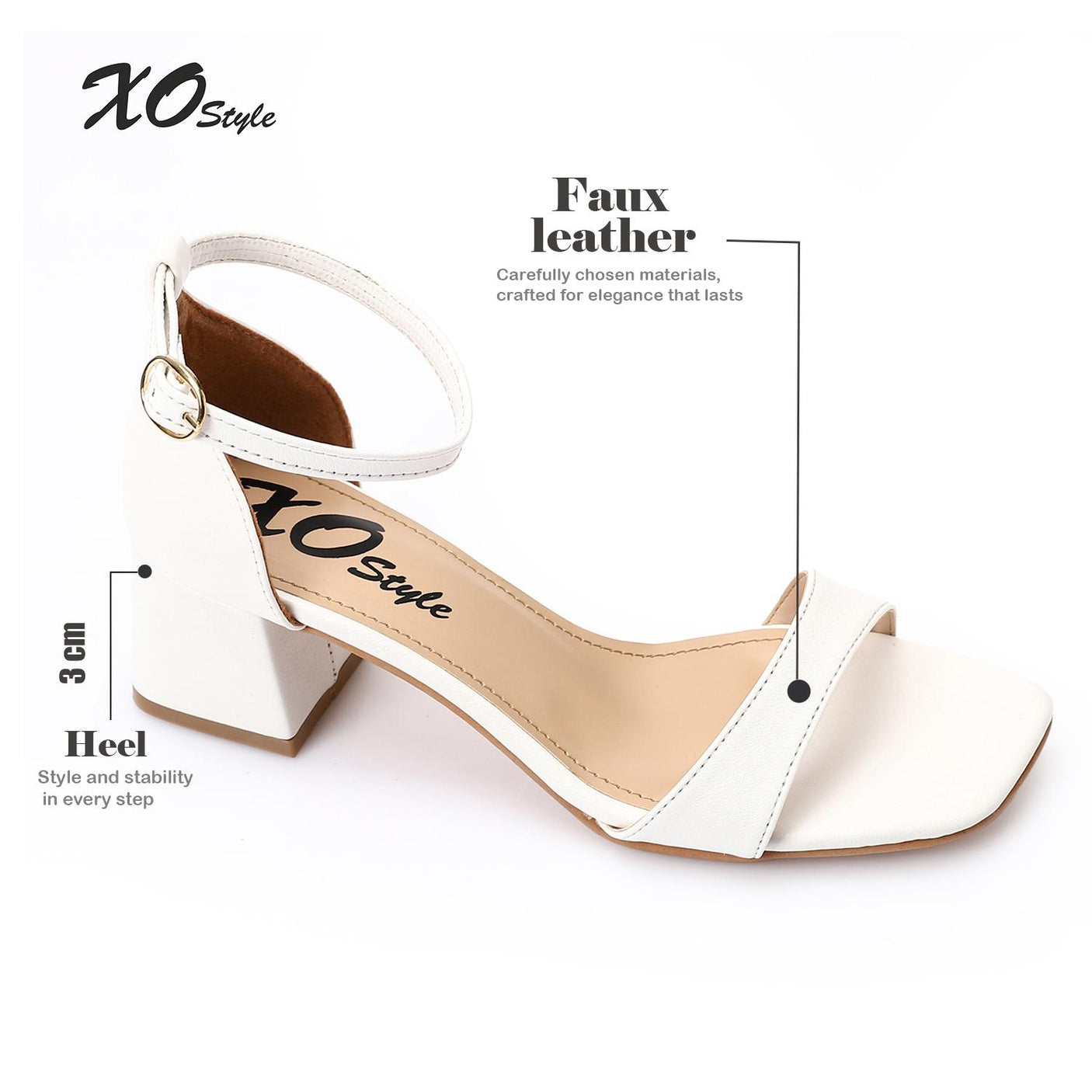 XO- صندل نسائي بكعب عالي مصنوع من مواد عالية الجودة، 3 سم، ملمس جلد صناعي