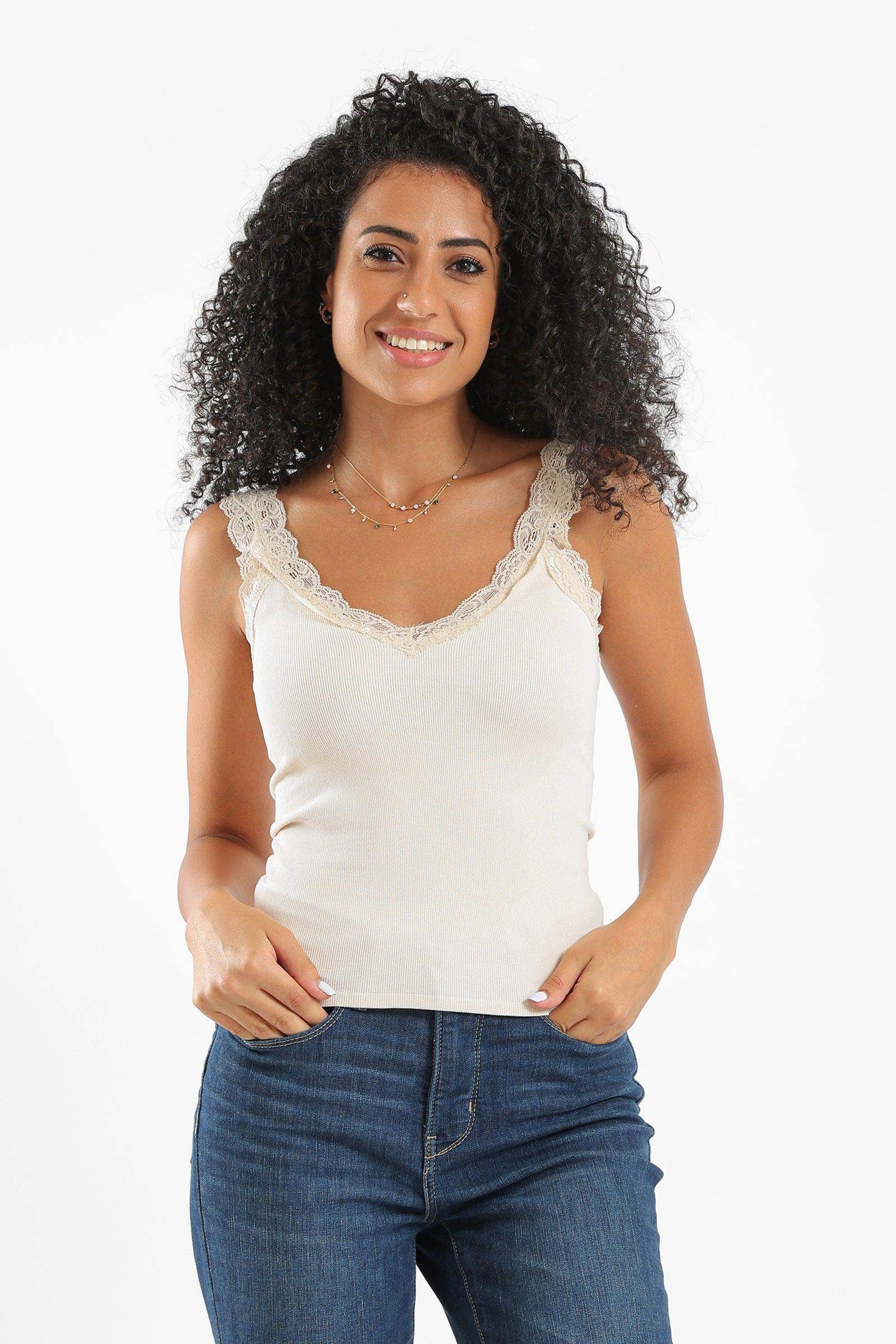 Carina -Ribbed Sleeveless Top with Lace