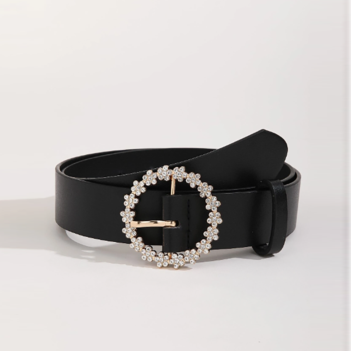 شي أن - حزام نسائي أنيق بإبزيم دائري بخرزات راينستون أسود عارض للإستخدام اليومي مع أداة الثقب