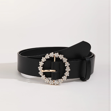 شي أن - حزام نسائي أنيق بإبزيم دائري بخرزات راينستون أسود عارض للإستخدام اليومي مع أداة الثقب