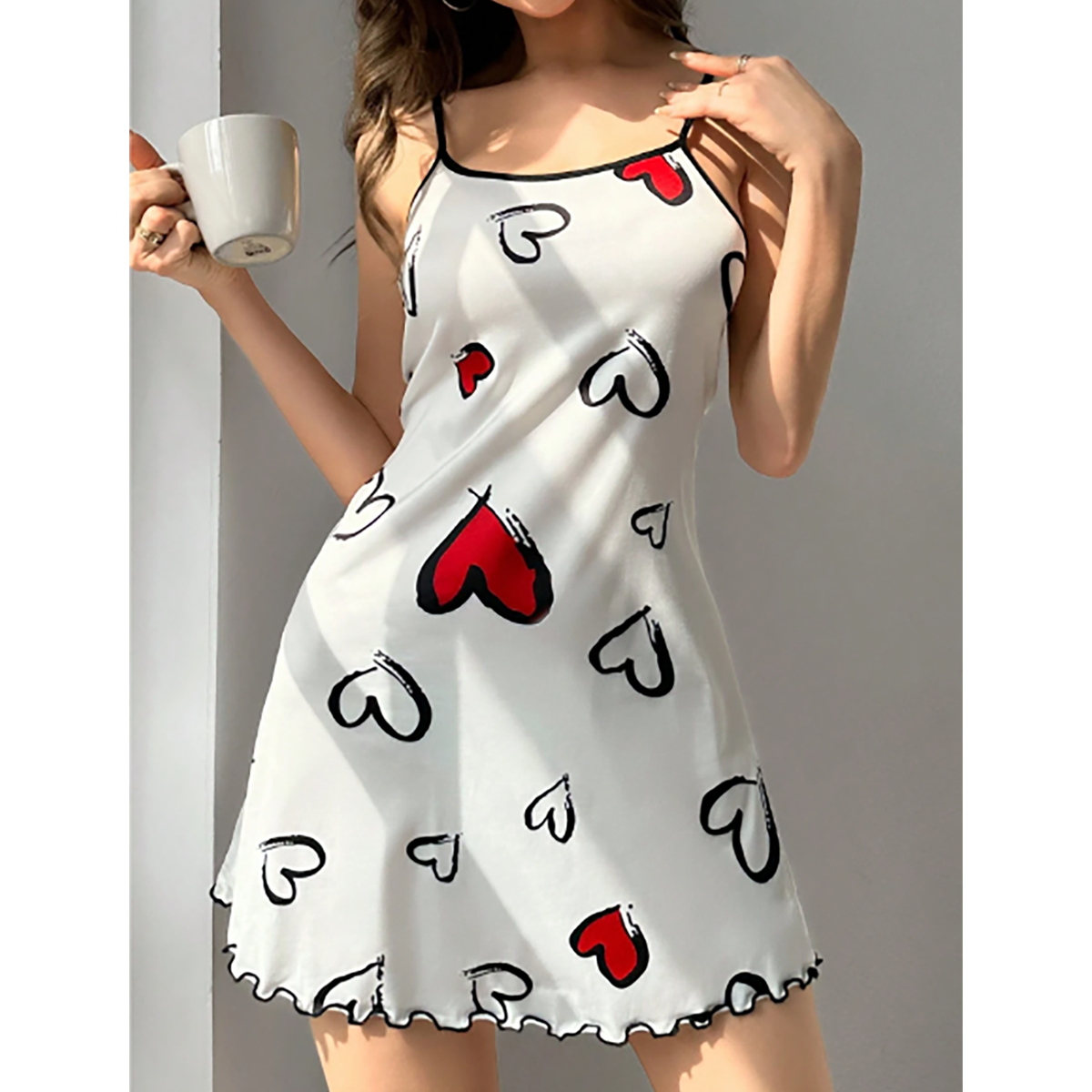 R-Shein - Two-tone heart print cami pajama dress with lace embroidery
